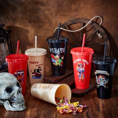 Uiifan 24 Pcs Pirate Plastic Cups with Lids & Straws - 24 oz Reusable Party Tumblers, Pirate Themed Birthday & Holiday Favors, 6 Styles