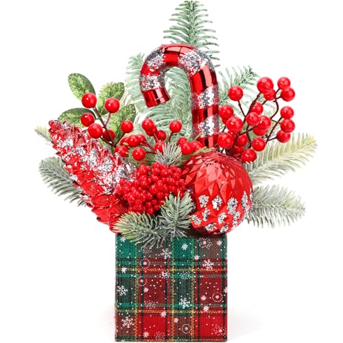 KPX Large-Square-Red Mini Christmas Tree Tabletop Decor with Ornaments & Pine Cones