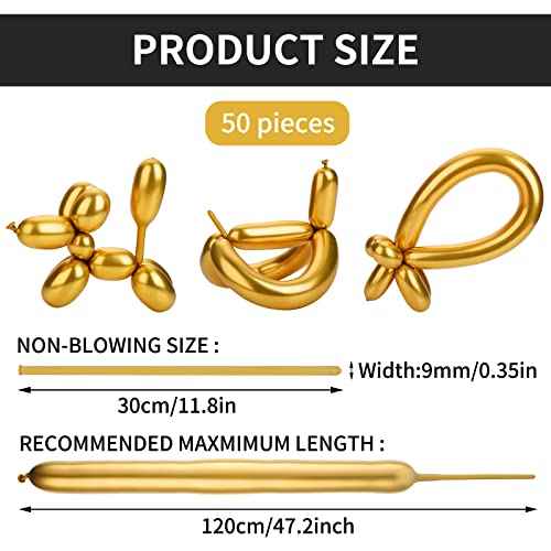 50 Pcs 260 Long Metallic Gold Latex Modeling Twisting Balloons for Birthday, Wedding, Engagement, Anniversary, Christmas, Festival Party Decoration