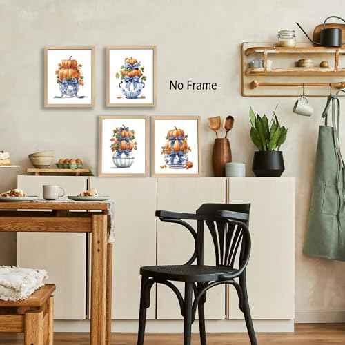 KSDUT Chinoiserie Pumpkin Wall Art Decor Set of 4 - Autumn Fall Coquette Artwork Poster Blue Flower Bows Wall Decor for Grandmillennial Home Bedroom Decorations - 8"x10" Unframed