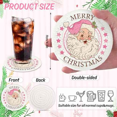 Winter Handmade Braided Cotton Coasters Merry Christmas Pink Santa Xmas Tree Absorbent Drink Coasters for Table Protection Gifts Home Party Decor, Set of 4
