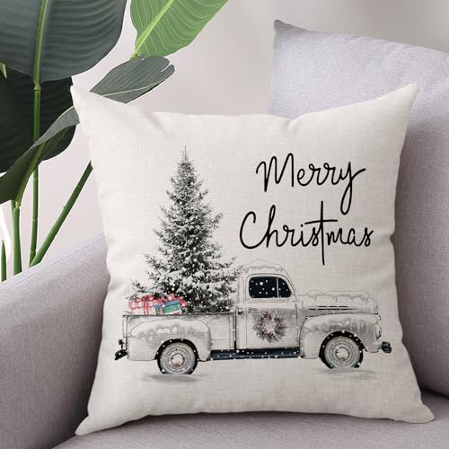 Coeufuedy Christmas Pillow Covers - 18x18 Inch Set of 4 Home Noel Truck Tree Holiday Cushion Covers Farmhouse Christmas Decoration for Sofa Couch Living Room