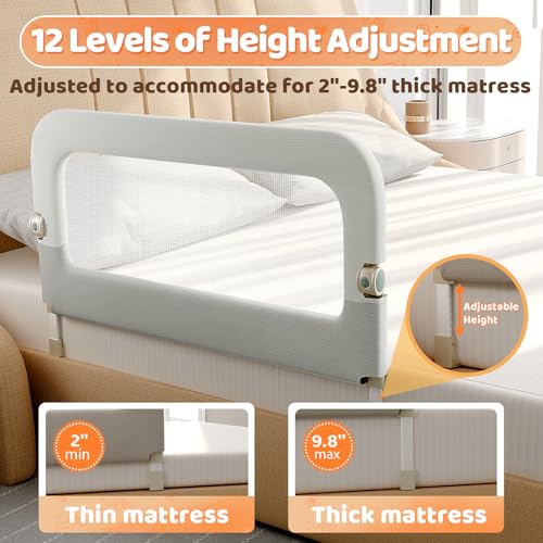 Omzer 32-Inch Foldable Toddler Bed Rail Guard - White with Grey Safety Side for Baby