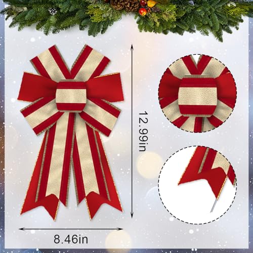 Stripe Christmas Wreath Bows - Red & Gold 2pc Burlap Linen Holiday Decor