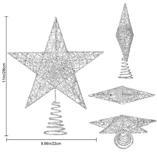 XIMISHOP Silver Glitter Christmas Tree Topper Star - 10 inch Holiday Decor