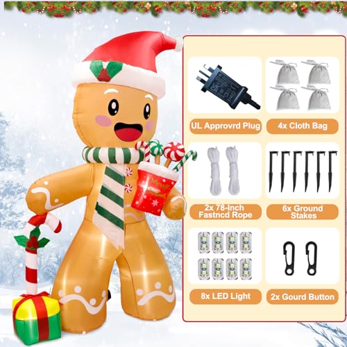 Fayavoo 8FT Christmas Inflatable Gingerbread Man with LED Lights Outdoor Decorations