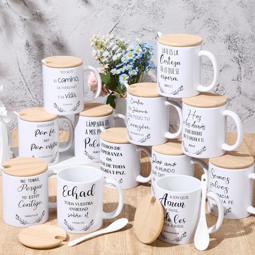 Sunnychicc Spanish Christian Coffee Mugs Bulk 12oz Bible Cups with Wooden Lids & Spoons