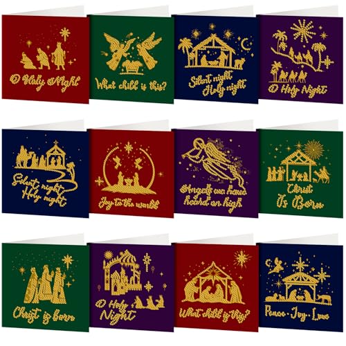 TecUnite Religious Vintage Christmas Nativity Diamond Painting Greeting Cards Set with Envelopes - Holy Night DIY Crafts