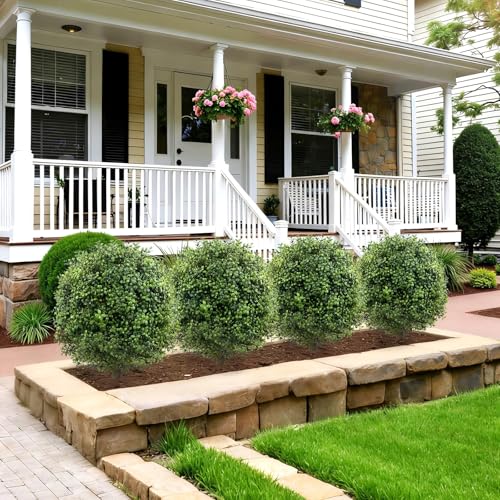 Griine Set of 2 Artificial Boxwood Topiary Ball Trees - 27 Inch Faux Bush with Metal Ground Spike, UV Resistant Outdoor Decor