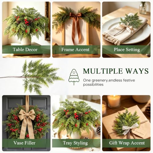 Joyido 24PCS Red & Green Christmas Cedar Branches with Pine Cones & Berries