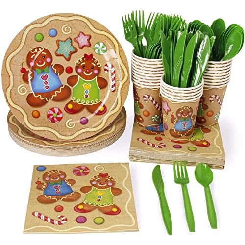 Gingerbread Party Plates, Napkins & Cups Set - 144pc Disposables for 24 Guests
