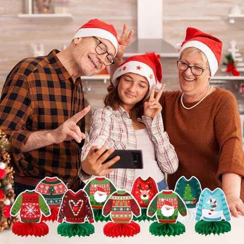 Ugly Sweater Table Decor 9 Pcs 3D Ugly Sweater Party Supplies Xmas Honeycomb Cutouts Centerpieces Decorations Tables Topper for Christmas Party Winter Holiday