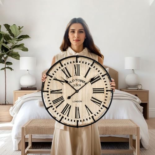 Large Rustic Farmhouse Wall Clock 24 Inch with Silent Movement - Brown / Black Numerals