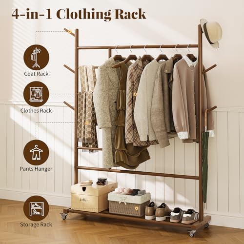Yoobure Walnut Solid Wood 4-in-1 Clothes Rack with Wheels & Storage