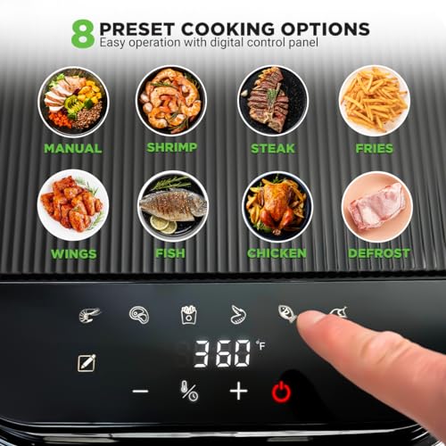 Nutrichef 5.8 Quart Air Fryer Grey - 8 Preset Cooking Modes & Transparent Fry Bowl