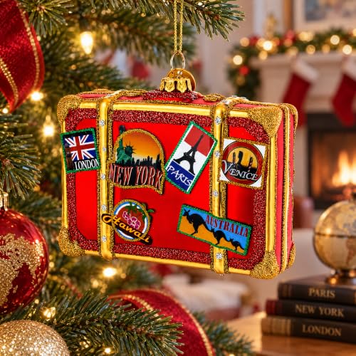 BestPysanky Handcrafted Glass Christmas Ornament - Well-Traveled Suitcase, Holiday Decor