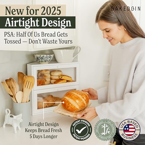 BakedBin White Double Layer Corner Bread Box - Airtight, Extra Large Kitchen Storage