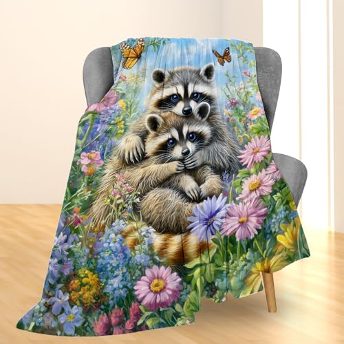 Cute Raccoon and Cub Blanket with Floral, Soft Fuzzy Flannel Throw
