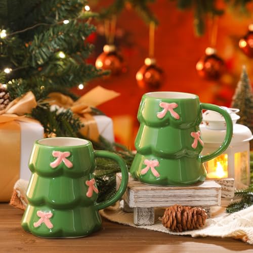 Didaey 18oz Christmas Tree Mugs Set – Green Ceramic Coffee Cups with Pink Bows