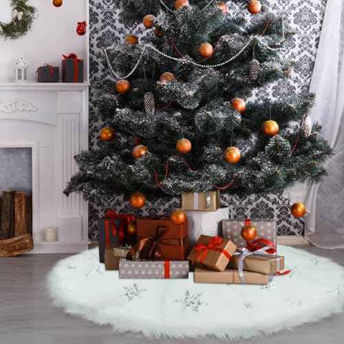 Christmas Tree Skirt 30 Inches Double Layers Silver Sequin Embroidered Snowflakes Tree Skirt White Luxury Faux Fur Christmas Decorations Holiday Party Decoration