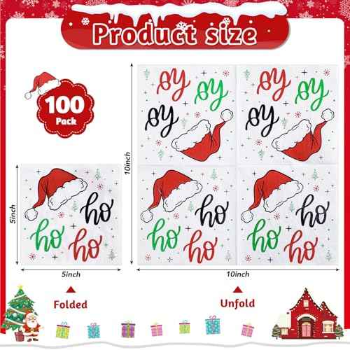100 Pcs Funny Christmas Napkins, Disposable Christmas HoHoHo Cocktail Napkins Santa Holiday Paper Napkin Xmas Beverage Dessert Napkin for Winter, Holiday Dinner, 5 * 5 Inch