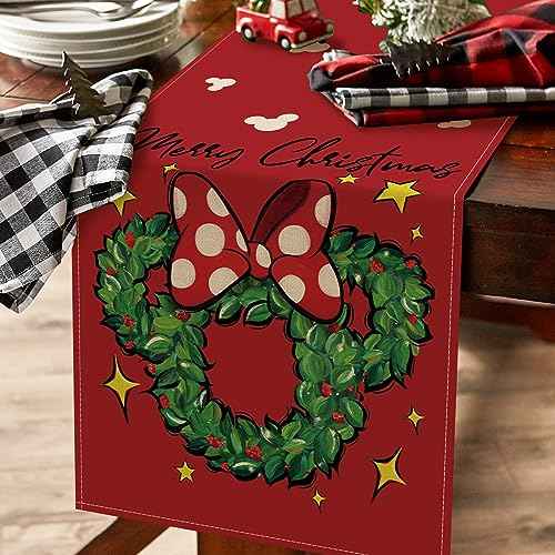 Seliem Merry Christmas Wreath Table Runner, Xmas Red Polka Dot Bow Stars Kitchen Dining Table Decor, Winter Holiday Farmhouse Home Decoration Indoor Outdoor Party Supply 13 x 72 Inches