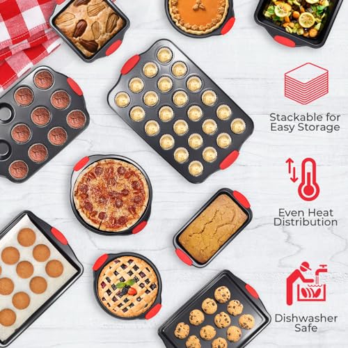 10 Piece Non-Stick Bakeware Set with Silicone Handles - Carbon Steel Oven Safe
