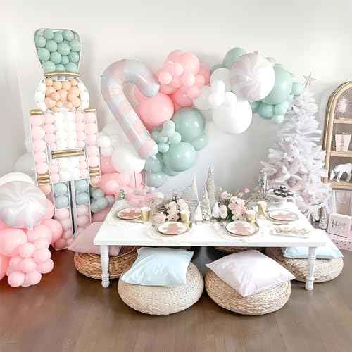 Christmas Balloon Arch Kit 137pcs Pink Christmas Balloon Garland With Pink Teal Blue White Latex Balloons Pink Candy Cane and Xmas Tree Foil Balloons For Christmas Baby Shower Party Decorations