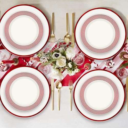 Boocikey Red & White Christmas Disposable Plates Set - Holiday Dinnerware for 20 Guests