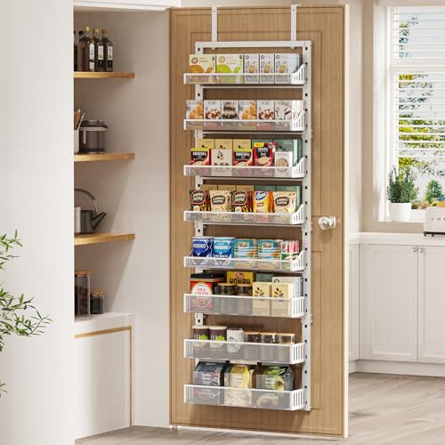 POKIPO White 8-Tier Over the Door Pantry Organizer - Heavy-Duty Metal Spice Rack, Wall Mount or Hanging Kitchen Storage Shelf