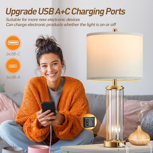 Set of 2 Gold & Clear Modern Table Lamps with Nightlight & USB Charging Ports