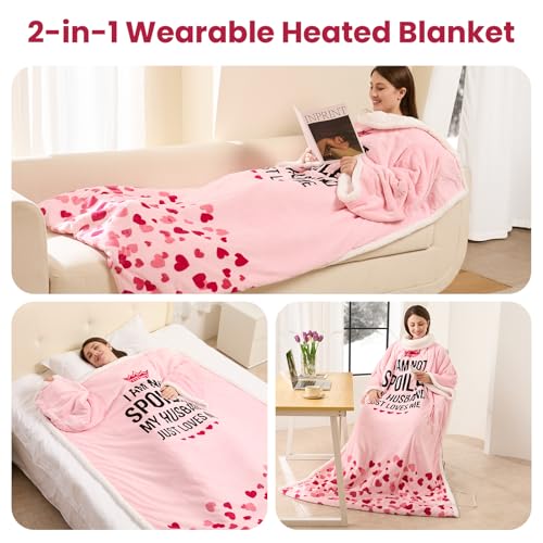 Pink Wearable Heated Blanket with Sleeves & Foot Pocket - Electric Throw for Women, 3 Heat Levels, Timer, Safe & Cozy Gift