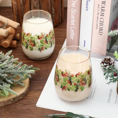 Whaline 2-Pack 17oz Christmas Stemless Wine Glasses with Holly Berries & Gold Rim