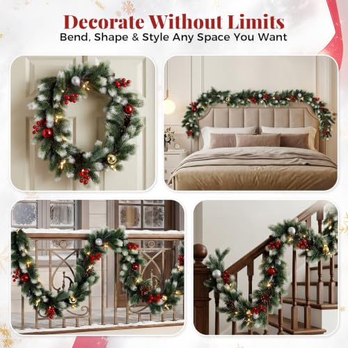 6FT Artificial Christmas Garland with Lights - Pack of 2 Frosted Green Pine Decor