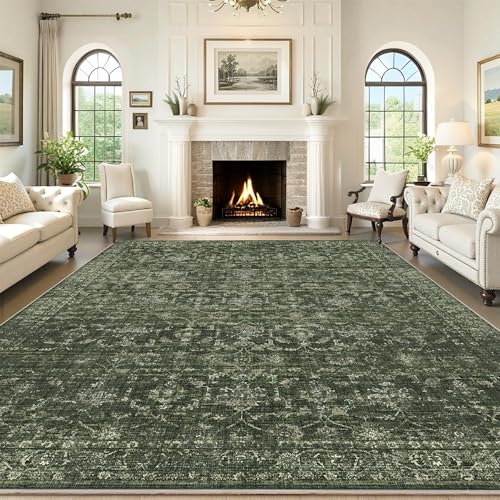 Dark Green 8x10 Washable Living Room Area Rug with Persian Medallion Design