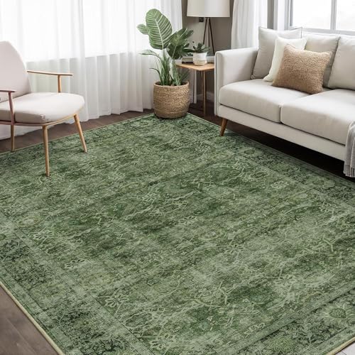 6'x9' Green Washable Vintage Distressed Floral Rug for Living Room - Zeeinx