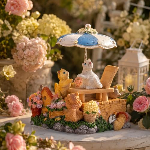 Cat Music Box with Rotating Umbrella, Hand-Painted Resin Figurine