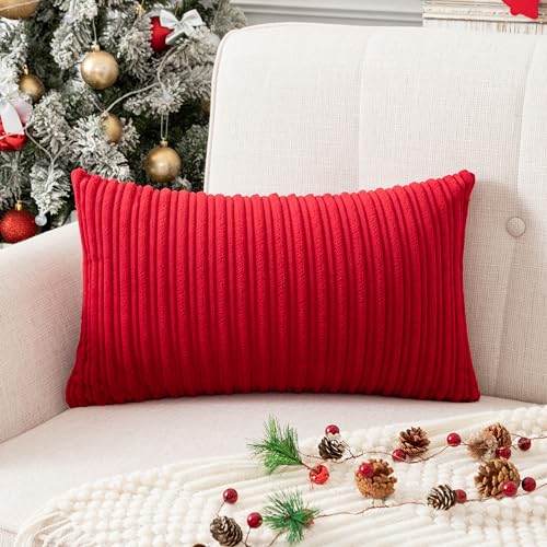UGS UGASA Christmas Super Soft Plush Corduroy Pillow Covers Velvet Rectangular Striped Decor Cushion Cases for Livingroom/Couch, 1 Piece, 12"x20"(30x50cm), Burgundy