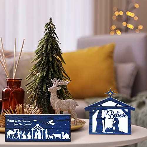 3 Pcs Christmas Table Decorations Jesus Nativity Set Table Signs Nativity Scene Table Centerpieces Wooden Block Xmas Believe Sign Rustic Farmhouse Christian Decorations for Home Tiered Tray Holiday