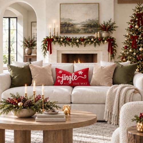 ZWJD 12x20 Inch Christmas Lumbar Pillow Cover with 3D Embroidery Faux Fur, Red