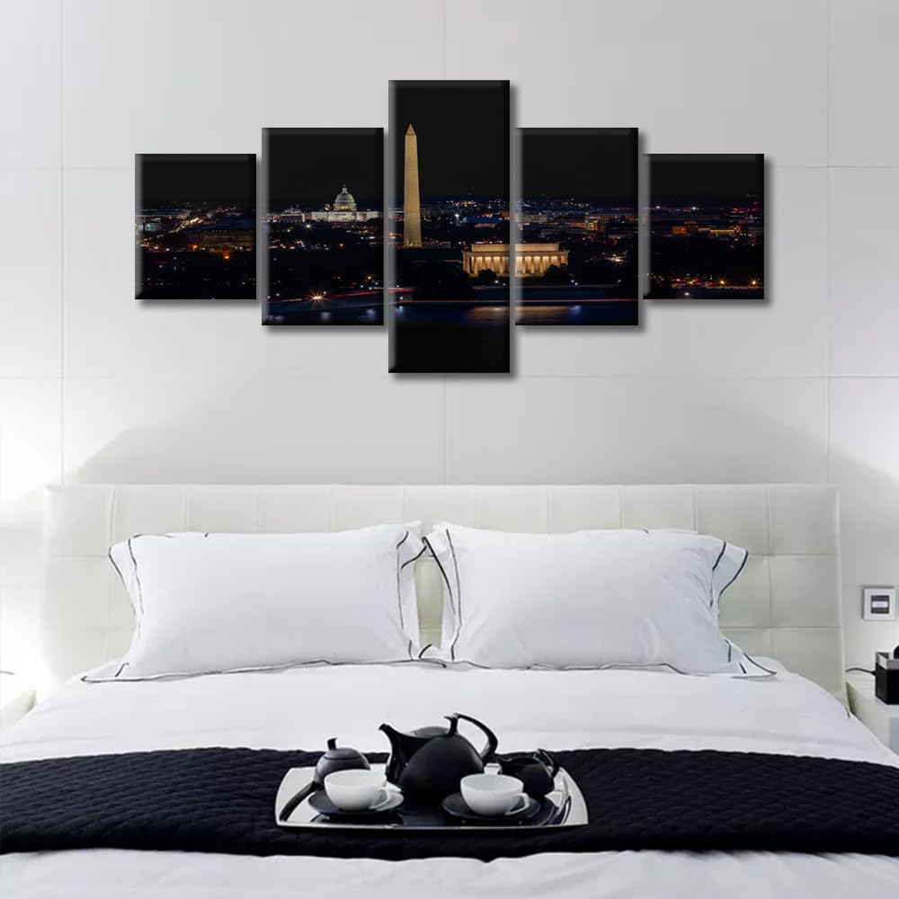 TUMOVO Black and White Cityscape Downtown Washington DC Poster Wall Art for Living Room 5 Piece Home Decor Artwork Wall Decor Living Room Framed Ready to Hang (50" Wx24 H)