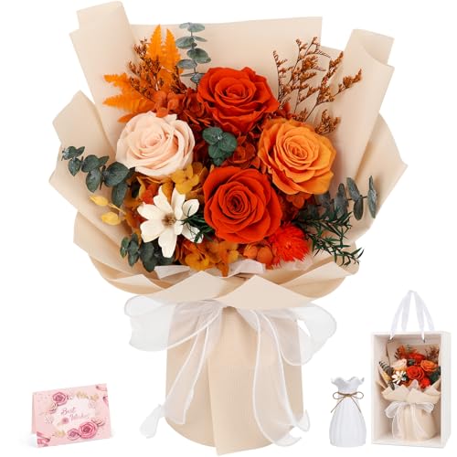 Preserved Orange Roses Bouquet - Long-Lasting Real Flower Arrangement with Vase