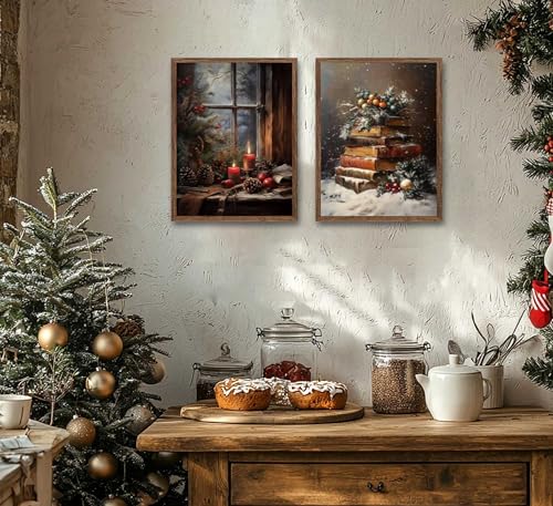 Paint by Number Set 2Pcs Christmas Snow Covered Book Stack & Cozy Window Nook 16x20in - Unframed