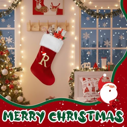 Christmas Stockings with Initials - 20 Inch Velvet Monogram Xmas Stocking, Red / Letter R