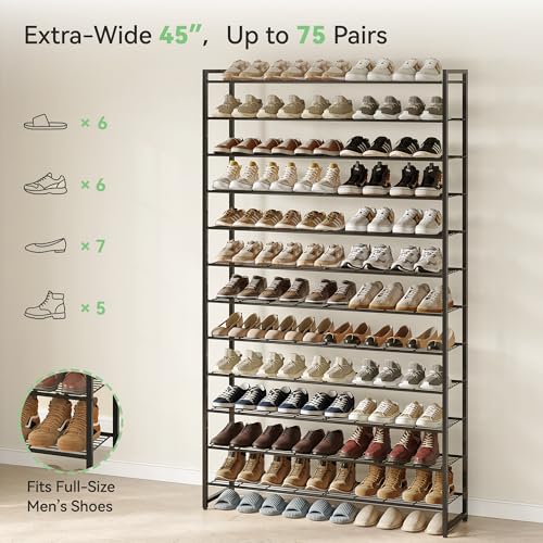 Black 12-Tier Shoe Rack Organizer for Closet and Entryway, Holds 75 Pairs