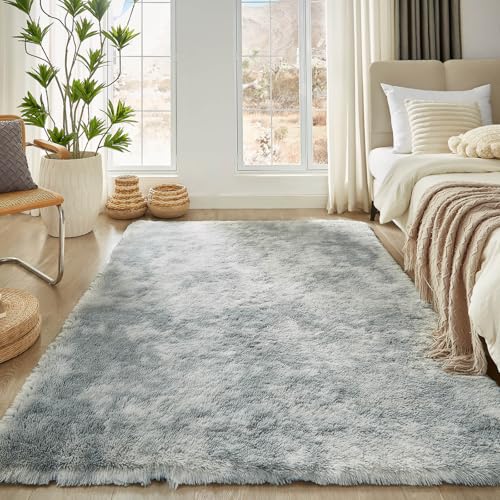 Tie-Dyed Light Grey Shag Area Rug 6x9 - Soft Fluffy Carpet for Living Room & Bedroom