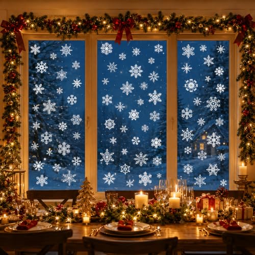 MDDRUIQI White Christmas Snowflake Window Clings - 9 Sheets, 132 Decals