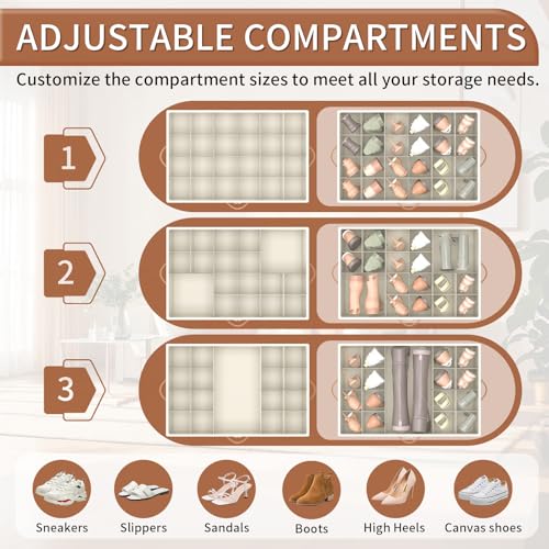 Foyego 2-Pack Beige Shoe Organizer for Closet with Wheels, 25.5 x 17 x 12.5 inches