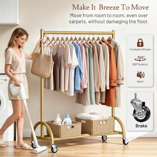 Heavy Duty Gold Clothing Rack with Wheels - Stable Garment Organizer, 66"H