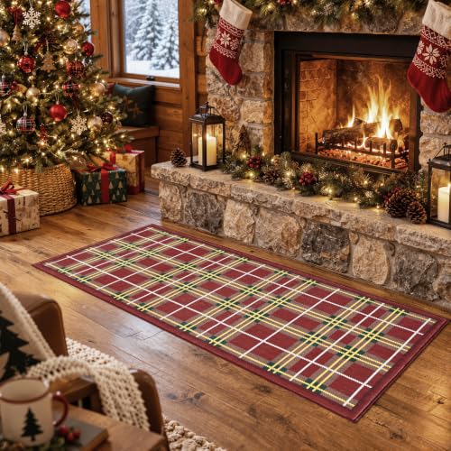 Jinchan 2x5 Christmas Runner Rug, Tart an Plaid - Red/Green, Washable Entryway Hallway